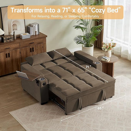 65'' 3-in-1 Folding Convertible Sofa Bed, Pullout Sofa, Modern Chenille Fabric, 360° Swivel Side Table, Easy Assembly, Perfect for Living Room(ZY-1107A-Brown)