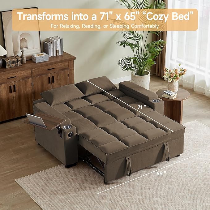 66" Multi-Functional Pull-Out Sofa Bed with Hidden Side Table, Storage Armrests, Built-in Charging Port, Spring Mattress, Solid Wood Frame – Ideal for Small Spaces, Easy Assembly