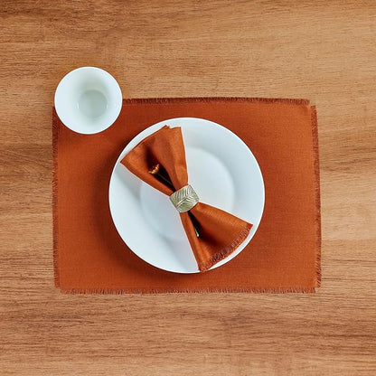 Solino Home Fringe Linen Napkins Set of 4-100% Pure Linen Cinnamon Dinner Napkins 20 x 20 Inch for Fall, Autumn - Handcrafted and Machine Washable