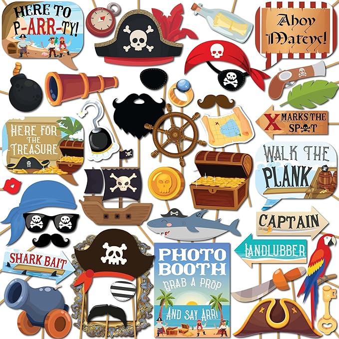 Pirate Photo Booth Props - 41-pc Photobooth Kit with 8 x 10-Inch Sign, 60 Adhesive Pads, 45 Sticks - Pirate Props - Nautical Photo Booth Props - Pirate Ship Props