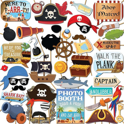 Pirate Photo Booth Props - 41-pc Photobooth Kit with 8 x 10-Inch Sign, 60 Adhesive Pads, 45 Sticks - Pirate Props - Nautical Photo Booth Props - Pirate Ship Props
