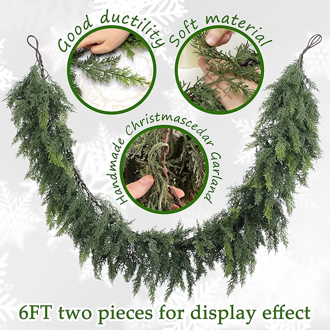 Artificial Cedar Garland, Realistic Green Pine Garland for Indoor & Outdoor Christmas Decorations, Lifelike Cedar Greenery for Mantle, Table, Staircase, and Wall (6FT (1 PC))