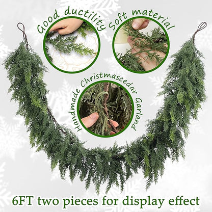 Artificial Cedar Garland, Realistic Green Pine Garland for Indoor & Outdoor Christmas Decorations, Lifelike Cedar Greenery for Mantle, Table, Staircase, and Wall (6FT (1 PC))