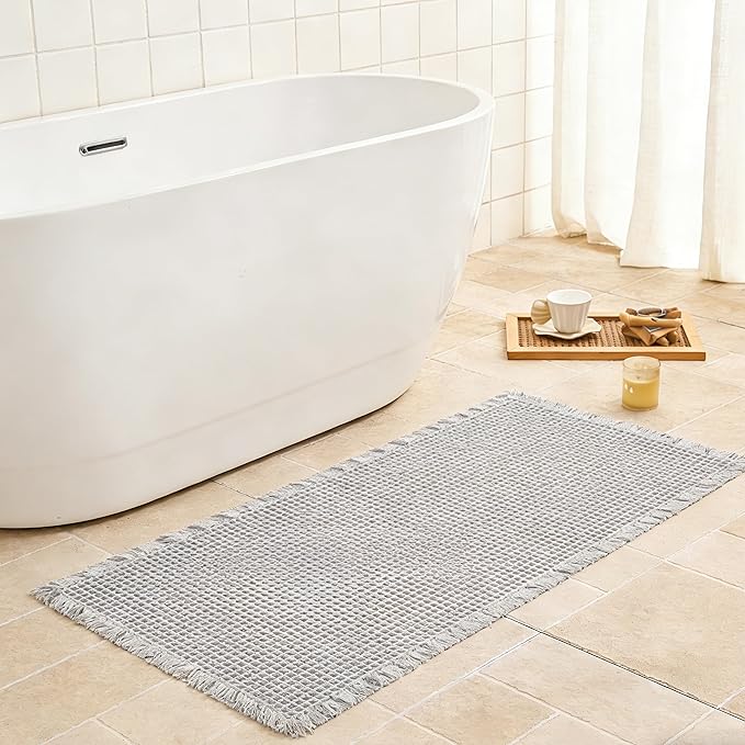 Waffle Bath Mat Non Slip, Boho Runner Rug, Super Absorbent Quick Dry Long Bath Runner Bathroom, Soft Farmhouse Bath Rug with Tassels, Washable Shower Mats for Floor 24"x48", Light Grey