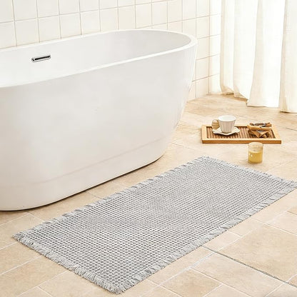 Waffle Bath Mat Non Slip, Boho Runner Rug, Super Absorbent Quick Dry Long Bath Runner Bathroom, Soft Farmhouse Bath Rug with Tassels, Washable Shower Mats for Floor 24"x48", Light Grey