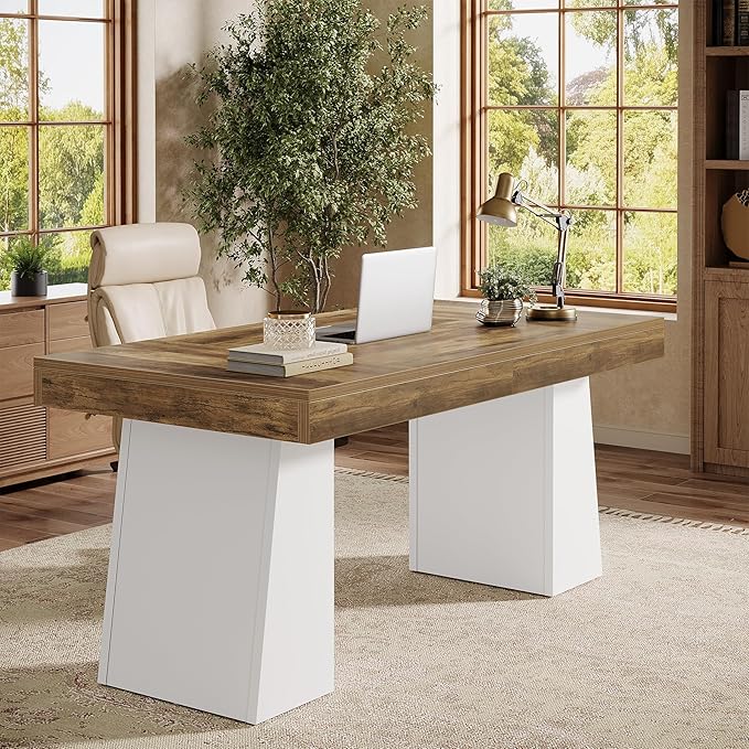Tribesigns 55" Executive Desk, Wooden Office Desk with Double Pedestal, Modern Simple Computer Writing Table for Home Office, Brown & White