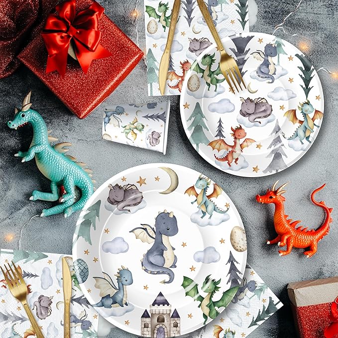 Dragon Birthday Party Supplies, Magic Dragons Party Decorations, Paper Plate, Napkin, Cup, Tablecloth, Cutlery, Magical Dragon Birthday Baby Shower Table Decorations, Serves 24