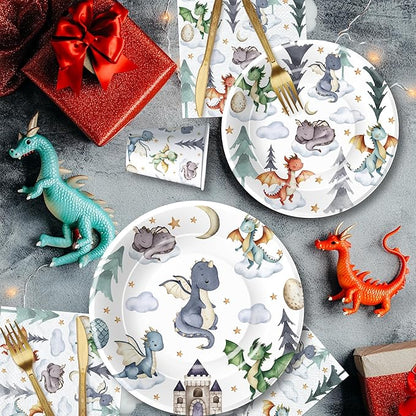 Dragon Birthday Party Supplies, Magic Dragons Party Decorations, Paper Plate, Napkin, Cup, Tablecloth, Cutlery, Magical Dragon Birthday Baby Shower Table Decorations, Serves 24
