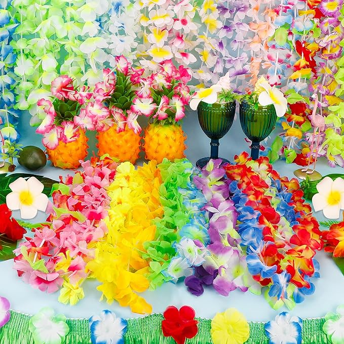 100pcs Luau Party Decorations, Silk Hawaiian Leis Tropical Flower Necklaces, Colorful Hula Dance Bulk Leis Decor, Flower Hawaiian Leis for Summer Beach Pool Theme Party Decorations Favors Supplies