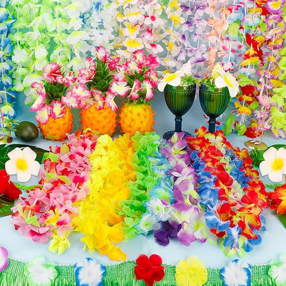 100pcs Luau Party Decorations, Silk Hawaiian Leis Tropical Flower Necklaces, Colorful Hula Dance Bulk Leis Decor, Flower Hawaiian Leis for Summer Beach Pool Theme Party Decorations Favors Supplies
