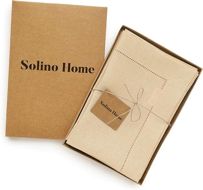 Solino Home Linen Napkins Set of 4 - Classic Hemstitch 100% Pure Linen Beige Dinner Napkins Cloth 20 x 20 Inch for Fall, Autumn, Christmas, New Year - Handcrafted and Machine Washable