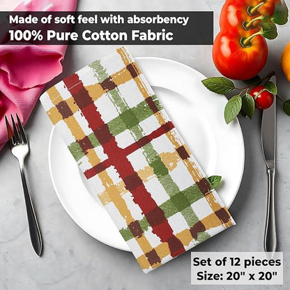 Urban Villa Cloth Napkins Set of 12 20x20 Inches 100% Cotton Napkins Cloth Washable Durable Reusable Absorbent Table Dinner Napkins Cloth for Thanksgiving Hotel Lunch Restaurant Parties – Fall Checks