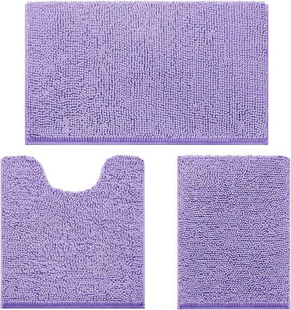 HOMEIDEAS 3 Pieces Bathroom Rugs, Ultra Soft Non Slip Absorbent Chenille Toilet Bath Mat Set (Lavender)