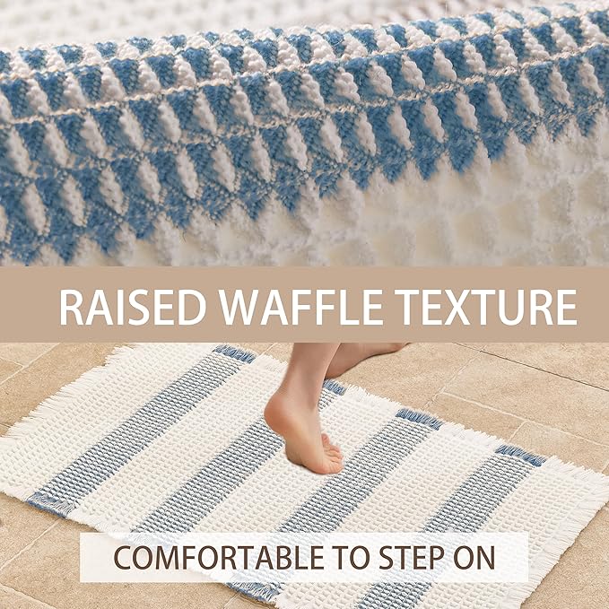 Waffle Bath Mat Non Slip, Boho Bathroom Rug, Super Absorbent Quick Dry Bathroom Mat, Soft Farmhouse Bath Rug with Tassels, Small Washable Shower Mats for Floor 20"x32", White and Blue