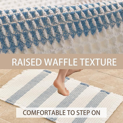 Waffle Bath Mat Non Slip, Boho Bathroom Rug, Super Absorbent Quick Dry Bathroom Mat, Soft Farmhouse Bath Rug with Tassels, Small Washable Shower Mats for Floor 16"x24", White and Blue