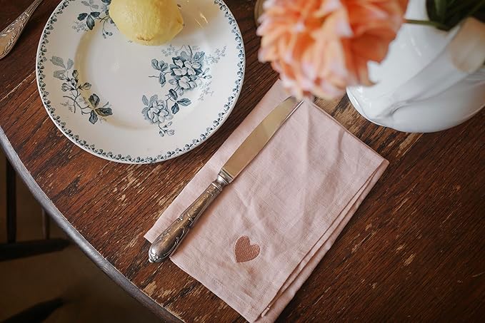 100% Linen Napkins Set of 4 - Dust Pink Cloth Dinner Napkins, Embroidered, Washable and Reusable, Elegant Table Decor for Dinner Parties & Special Occasions, 17.7 x 17.7 Inch