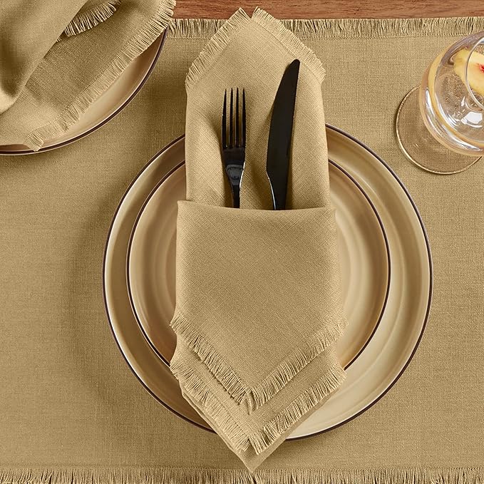 Solino Home Fringe Linen Cloth Napkins Set of 4-100% Pure Linen Kelp Dinner Napkins 20 x 20 Inch for Fall, Autumn, Christmas, Holiday, New Year - Handcrafted and Machine Washable