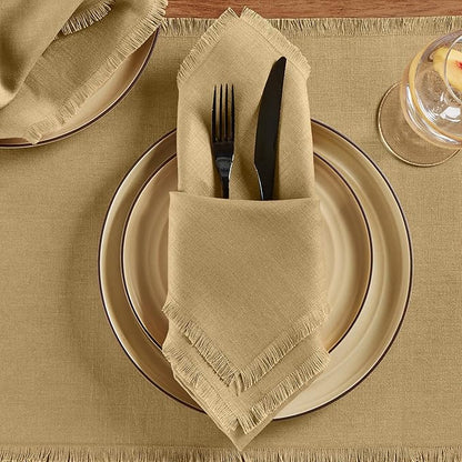Solino Home Fringe Linen Cloth Napkins Set of 4-100% Pure Linen Kelp Dinner Napkins 20 x 20 Inch for Fall, Autumn, Christmas, Holiday, New Year - Handcrafted and Machine Washable