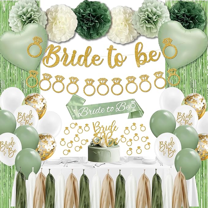 Sage Green Bachelorette Party Decorations, Bride to Be banner, Bridal Shower Decorations with Balloons,Bridal Sash, Paper Pompoms for Bachelorette Engagement Party favors