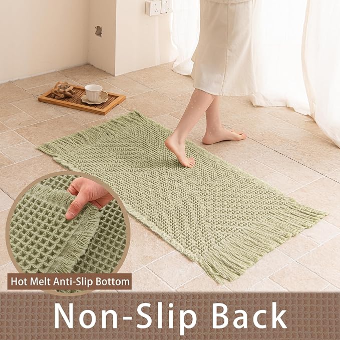 Waffle Bath Mat Non Slip, Boho Bathroom Rug, Super Absorbent Quick Dry Bathroom Mat, Soft Farmhouse Bath Rug with Tassels, Small Washable Shower Mats for Floor 20"x32", Tassels Sage Green