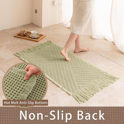 Waffle Bath Mat Non Slip, Boho Bathroom Rug, Super Absorbent Quick Dry Bathroom Mat, Soft Farmhouse Bath Rug with Tassels, Small Washable Shower Mats for Floor 20"x32", Tassels Sage Green