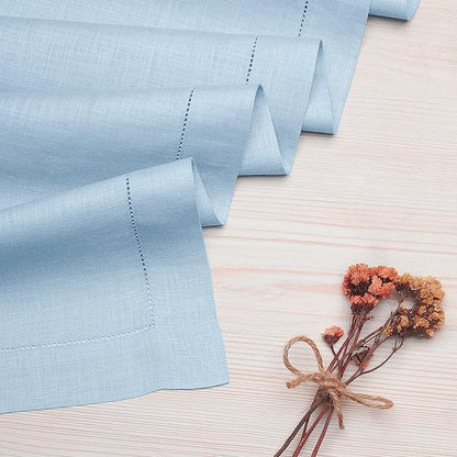D'Moksha Homes Linen Powder Blue Table Runner 120 Inches Long - 100% Pure Linen Hemstitch 14 x 120 Inch Table Runner for Dining, Winter, Christmas, Holiday - Classic Hemstitch