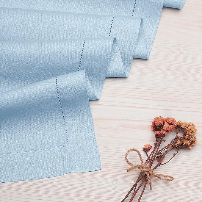 D'Moksha Homes Linen Powder Blue Table Runner 84 Inches Long - 100% Pure Linen Table Runner 14 x 84 Inch for Winter, Christmas, Holiday - Classic Hemstitch