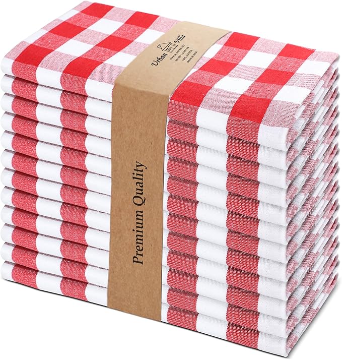 Urban Villa Cloth Napkins Set of 12 20x20 Inches 100% Cotton Napkins Cloth Washable Durable Reusable Absorbent Table Dinner Napkins Cloth for Christmas Hotel Lunch Restaurant Parties- Red White