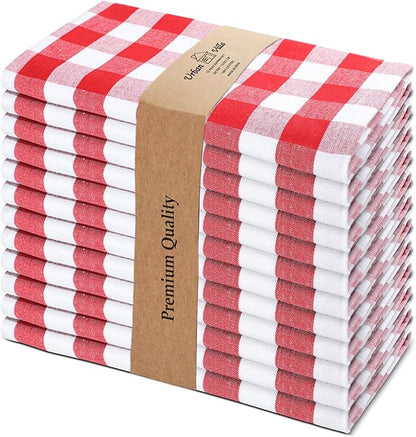 Urban Villa Cloth Napkins Set of 12 20x20 Inches 100% Cotton Napkins Cloth Washable Durable Reusable Absorbent Table Dinner Napkins Cloth for Christmas Hotel Lunch Restaurant Parties- Red White