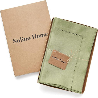 Solino Home Linen Napkins Set of 4 - Classic Hemstitch 100% Pure Linen Moss Green Dinner Napkins Cloth 20 x 20 Inch for Fall, Autumn, Winter - Handcrafted and Machine Washable