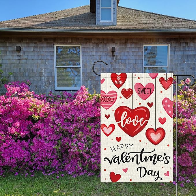 Heyfibro Happy Valentine's Day Garden Flag 12 x 18 Inch Double Sided Burlap,Candy Love Heart Flag Valentine’s Party Supplies for Anniversary Wedding Home Outdoor Decoration (ONLY FLAG)