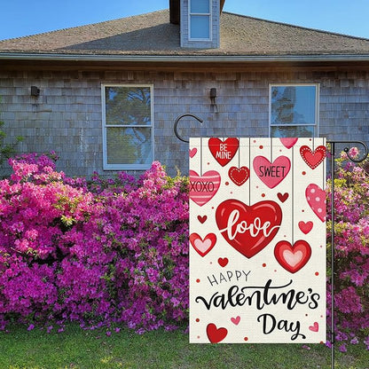 Heyfibro Happy Valentine's Day Garden Flag 12 x 18 Inch Double Sided Burlap,Candy Love Heart Flag Valentine’s Party Supplies for Anniversary Wedding Home Outdoor Decoration (ONLY FLAG)