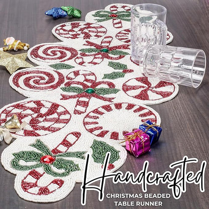 CLEENTABLE Handcrafted Christmas Beaded Table Runner – 36"x13" Art Deco Home Decor & Luxury Dinner Table Centerpiece in Vibrant Cherry Reddish with 85% Glass Beads, Durable Polyester Backing