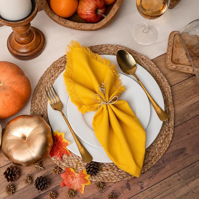 Blue Needles Handmade Cotton Linen Cloth Napkins with Fringes - Set of 6 Golden Yellow Dinner Table Napkins 18x18 Inch Hemmed Edges Washable Soft Reusable Perfect for Fall Thanksgiving & Family Dinner