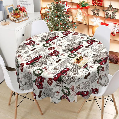 Eikione 60 Inch Round Merry Christmas Tablecloth, Truck Christmas Tree Tablecloth, Stain Resistant Dining Table Cover for Holiday Decor