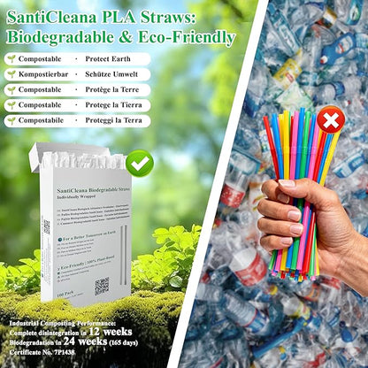 SantiCleana 100 Pack Biodegradable Straws, Individually Wrapped, 8.3", 14℉-185℉, Plant-Based, Straight, White, Compostable, BPA-Free
