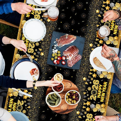 HAKOTI 3Pcs New Year Eve Tablecloth - Happy New Year Party Decorations 2026 Black Gold New Years Tablecloth Rectangular Plastic Table Cover for Cheers to 2026 New Years Eve Party