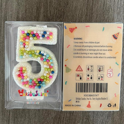 Birthday Candles, Pearl Sequin Number Candle Party Supplies (Number-5)