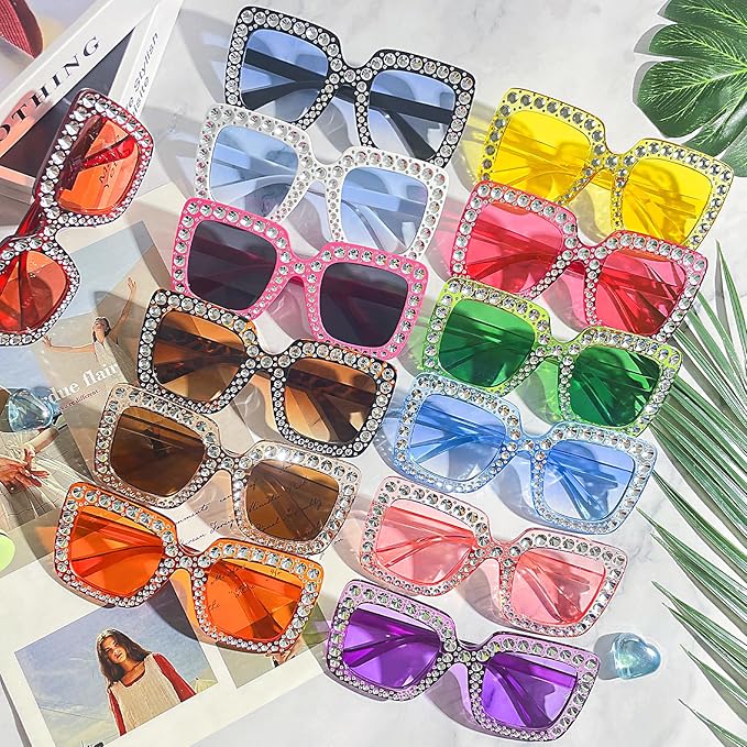 Pibupibu 12/24 Pack Fun Oversized Square Crystal Sunglasses for Women Bulk, Disco Rhinestone Sparkling Glasses Party Favors
