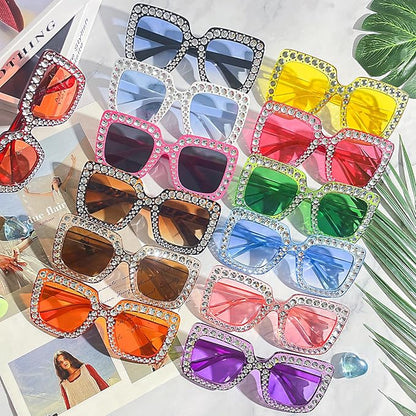 Pibupibu 12/24 Pack Fun Oversized Square Crystal Sunglasses for Women Bulk, Disco Rhinestone Sparkling Glasses Party Favors