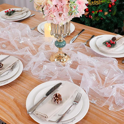 Snowkingdom Silver White Snowflake Table Runner 10 FT Christmas Sheer Chiffon Gauze Cheesecloth Runner, 120 Inch Winter Sparkly Sequin Party Dining Table Decorations for Christmas Holiday New Year