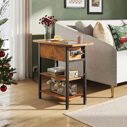 WLIVE End Table with Charging Station, Flip Top Narrow Side Table with Storage Shelf, Small Nightstand with USB Ports and Outlets,Bedside Table for Living Room, Bedroom,11.81" D x 23.62" W x 24.33" H