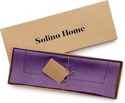 Solino Home Linen Placemats Set of 4 - Classic Hemstitch Purple Placemats 14 x 19 Inch - 100% Pure Linen Table Mats for Fall, Autumn, Winter, Holiday, Christmas, New Year