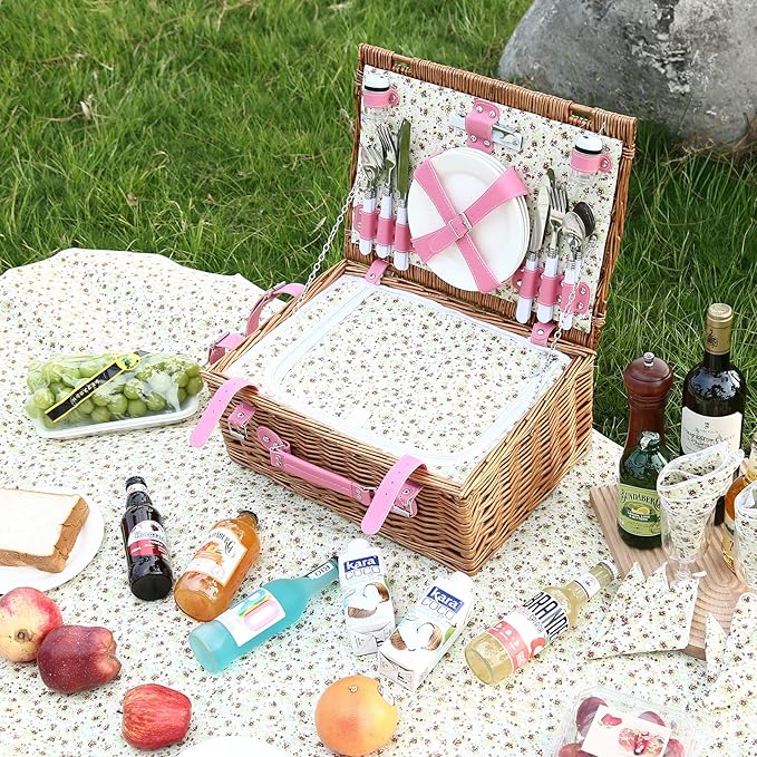 Wicker Picnic Basket for 4 with Waterproof Picnic Blanket and Insulated Cooler, Willow Hamper for Camping, Outdoors, Photoshoot, or a Birthday, Valentine’s Day, Wedding Gift, Pink
