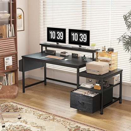 EnHomee 57" Computer Desk with Drawers and Printer Space,Office Desk with Power Outlets,Home Office Desks with File Drawers Cabinet,Study Writing and Gaming Desk with Shelves Monitor Stand,Black