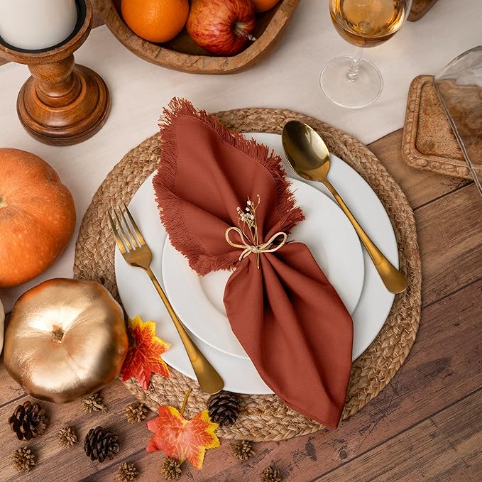 Blue Needles Handmade Cotton Linen Cloth Napkins with Fringes - Set of 6 Rust Dinner Table Napkins 18x18 Inch Hemmed Edges Washable, Soft, Reusable, Perfect for Fall Thanksgiving & Family Dinner