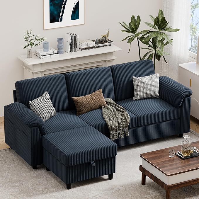 Vongrasig 79" Convertible Sectional Couches Sofa with Storage Ottoman, 3 Seat L Shaped Couch with Side Storage Pockage, Small Couches for Living Room, Apartment and Small Space, Dark Blue