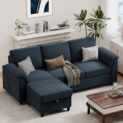 Vongrasig 79" Convertible Sectional Couches Sofa with Storage Ottoman, 3 Seat L Shaped Couch with Side Storage Pockage, Small Couches for Living Room, Apartment and Small Space, Dark Blue