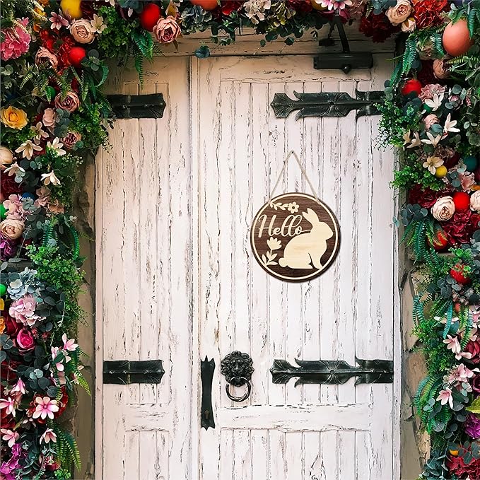 10" Easter Round Wooden Hanging Sign With Sisal Rope - Rustic Bunny Hello Wooden Plaque For Front Door, Porch, Outdoor Indoor, Farmhouse Wall Decor Party Favor & Decorations - B02