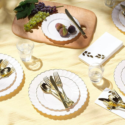 By Madee HEAVYWEIGHT 100 Pc Ivory Scalloped Plastic Plates for Party with Gold Trim | 50 Dinner & 50 Dessert Party Plates | Elegant Fancy for Wedding, Bridal Showers Special Moments (50 Guests)